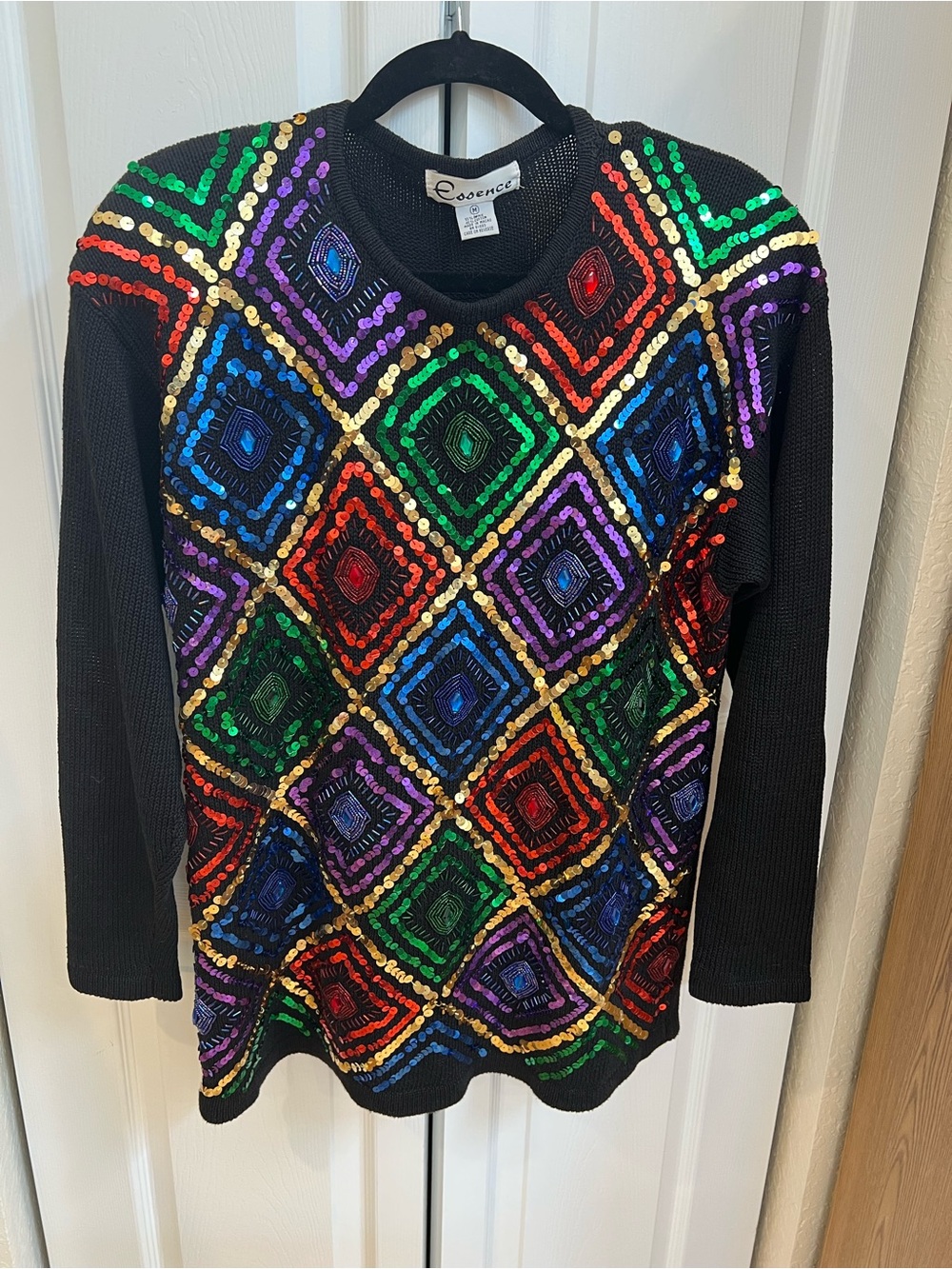 Sequin & beads Geometric Crewneck Sweater - Black with Multicolor Sequins